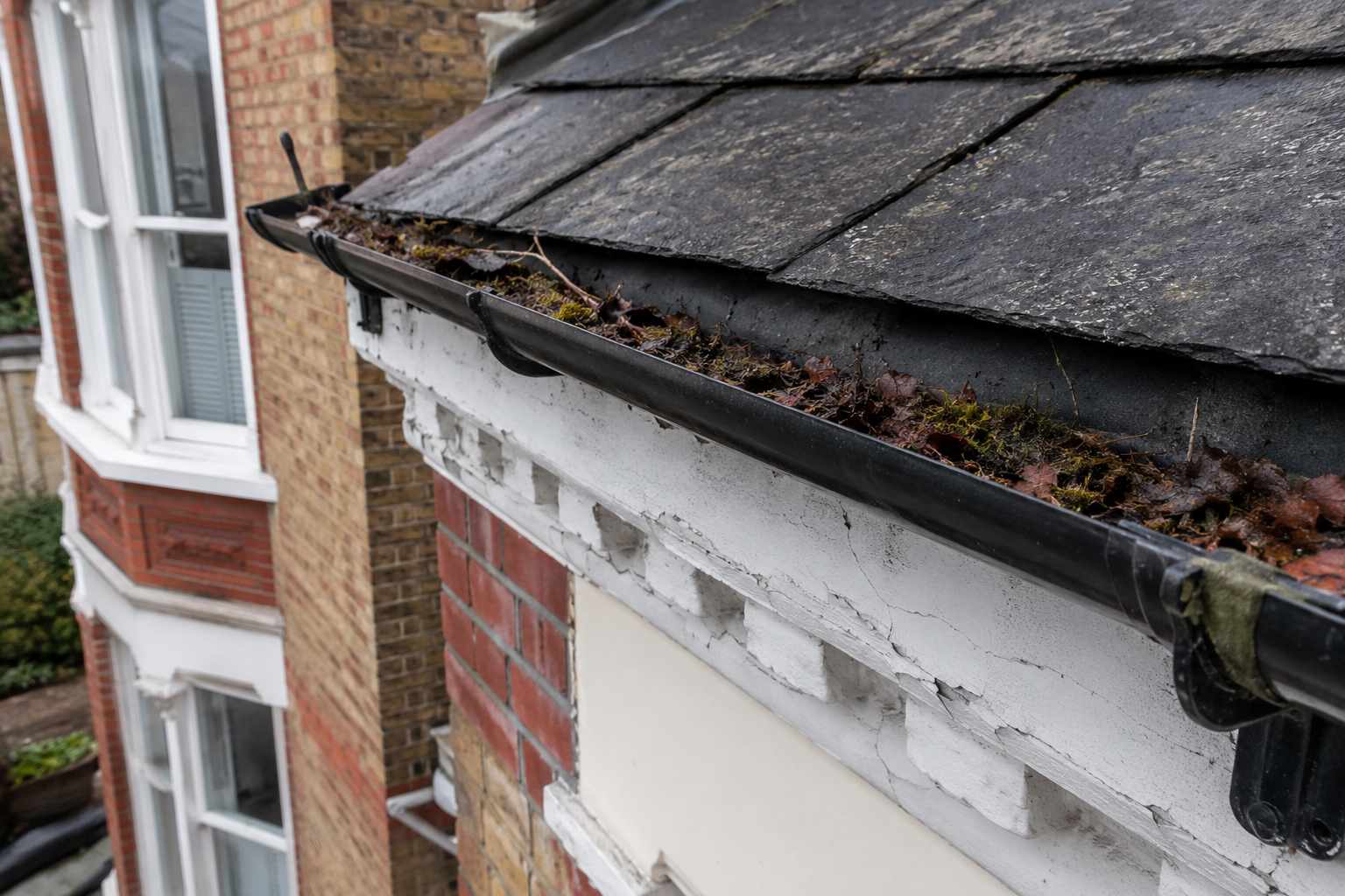 Blocked gutter filled with leaves and moss