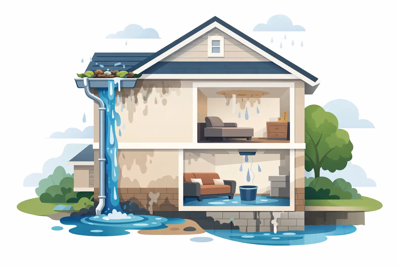 Blocked Gutter Water Damage Example at Home